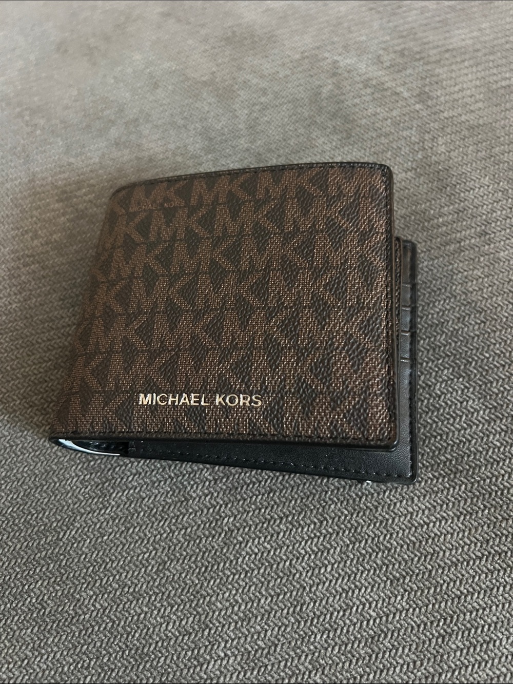 NWT Michael Kors Brown MK Logo Bifold Wallet with Black Trim